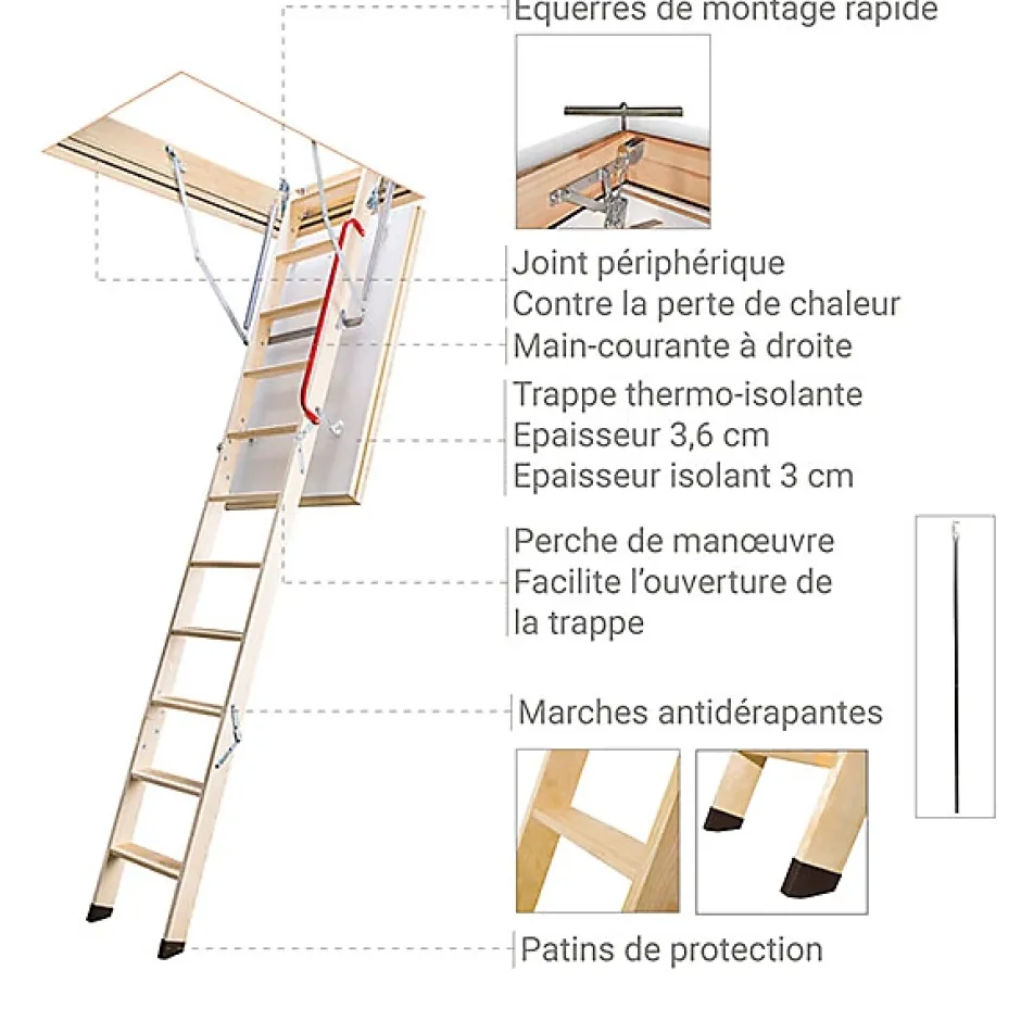 Echelle escamotable bois - Trémie de 70 x 140cm - Hauteur de 2.32 à 2.80m - LWZ70140-2-Matisere