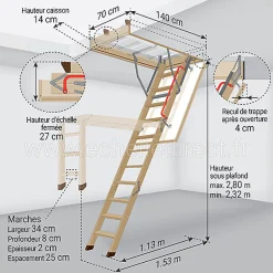 Echelle escamotable bois - Trémie de 70 x 140cm - Hauteur de 2.32 à 2.80m - LWK70140-2-Matisere Clearance