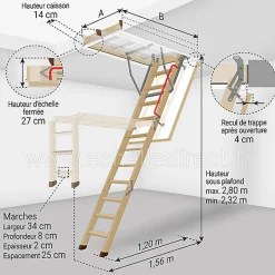 Echelle escamotable bois - Trémie de 60 x 120cm - Hauteur de 2.32 à 2.80m - LWZ60120-2-Matisere New