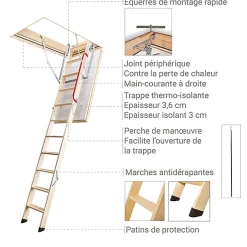 Echelle escamotable bois - Trémie de 60 x 120cm - Hauteur de 2.32 à 2.80m - LWZ60120-2-Matisere New