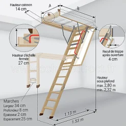 Matisere Echelle escamotable bois - Trémie de 60 x 111cm - Hauteur de 2.32 à 2.80m - LWK60111-2