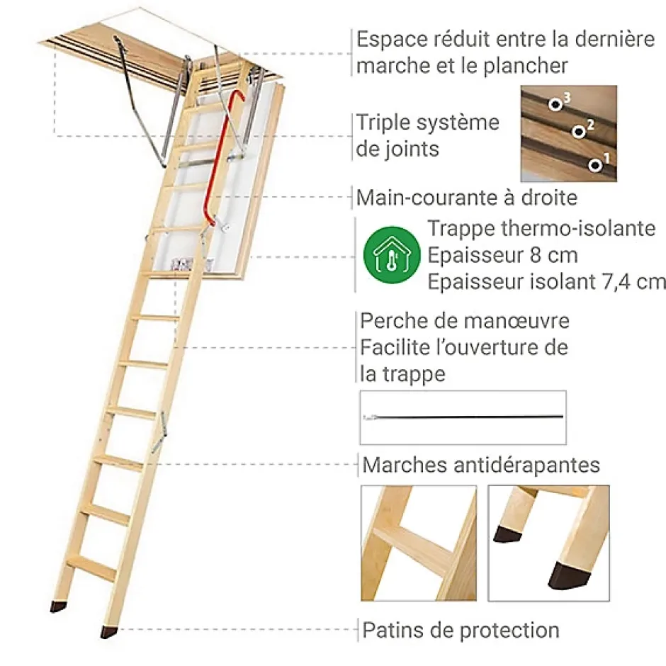 Echelle escamotable bois - Trémie de 70 x 130cm - Hauteur de 2.34 à 2.80m - LWT70130-2-Matisere Sale