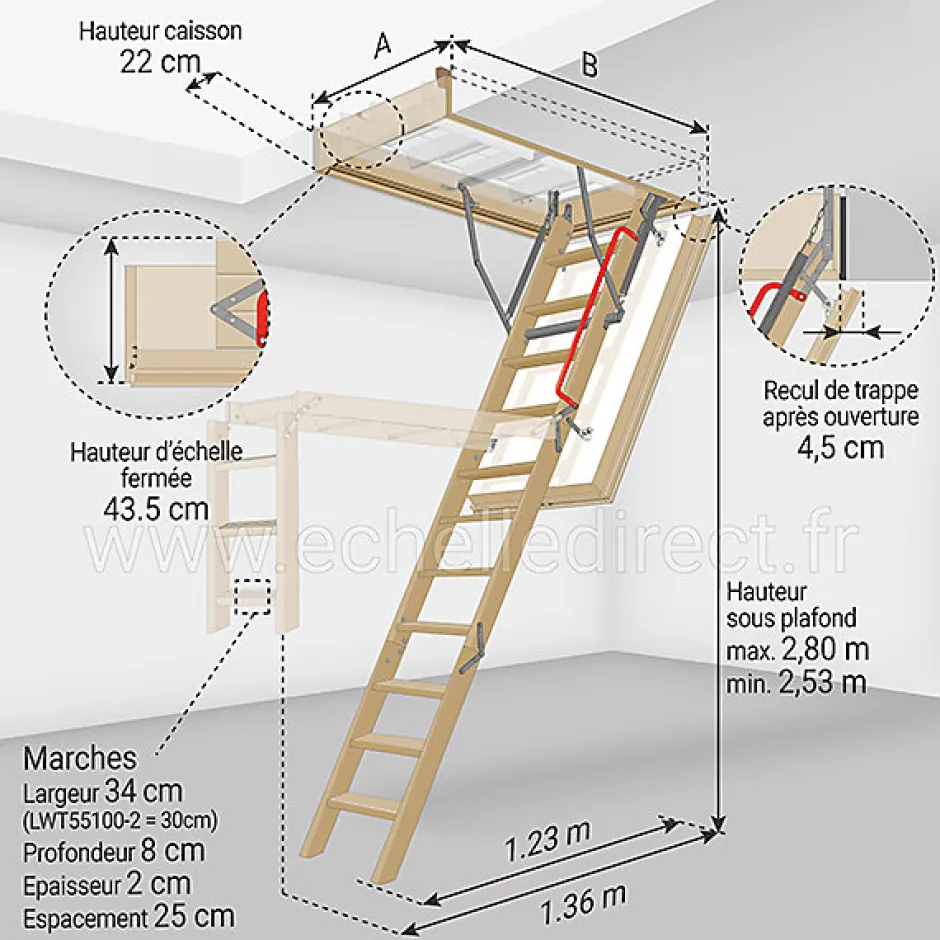 Echelle escamotable bois - Ouverture du plafond de 70 x 100cm - LWT70100-2-Matisere Discount