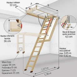 Matisere Echelle escamotable bois - Trémie de 60 x 130cm - Hauteur de 2.42 à 3,05m - LWT60130-3