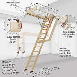 Echelle escamotable bois - Trémie de 60 x 120cm - Hauteur de 2.34 à 2.80m - LWT60120-2-Matisere