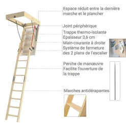 Matisere Echelle escamotable bois - Trémie de 70 x 140cm - Hauteur de 2.00 à 3.05m - LDK70140/305
