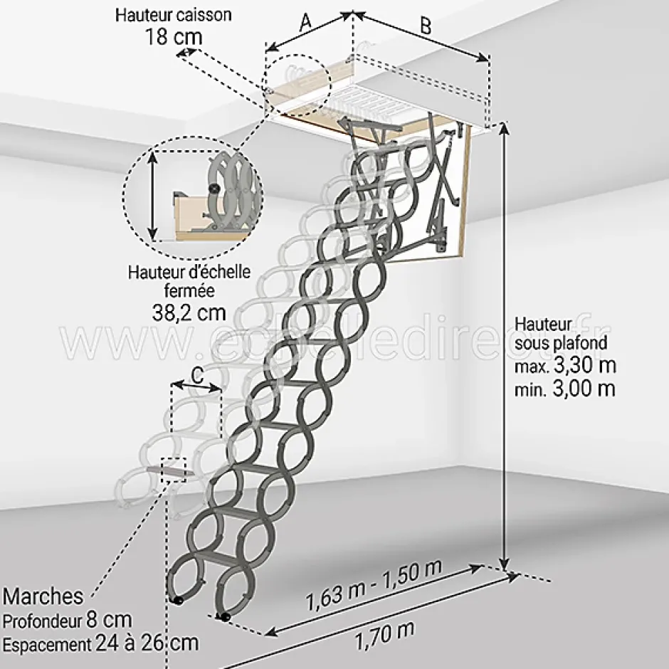 Echelle escamotable en métal - Trémie de 60 x 120cm - Hauteur de 3.00 à 3.30m - LST60120/330-Matisere Discount