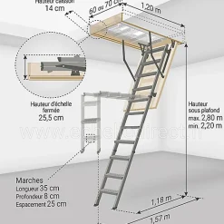 Matisere Echelle escamotable en métal - Trémie de 70 x 120cm - Hauteur de 2.20 à 2.80m - LMS70120-2