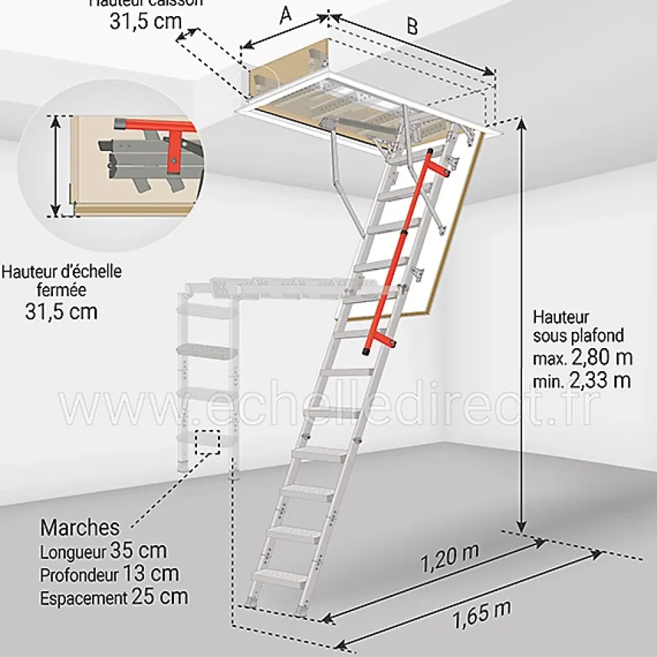 Matisere Echelle escamotable en métal - Trémie de 92 x 130cm - Hauteur de 2.33 à 2.80m - LML92130-2
