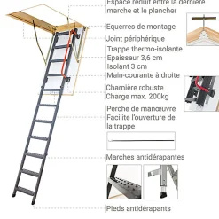 Matisere Echelle escamotable en métal - Trémie de 70 x 130cm - Hauteur de 2.45 à 3.05m - LMK70130-3