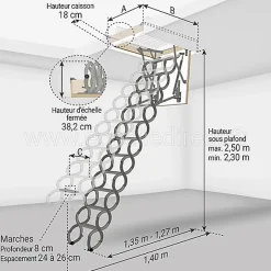 Echelle escamotable en métal - Trémie de 70 x 120cm - Hauteur de 2.30 à 2.50m - LST70120/250-Matisere