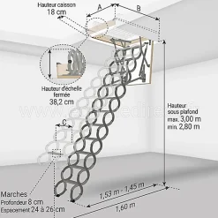 Echelle escamotable en métal - Trémie de 60 x 90cm - Hauteur de 2.80 à 3.00m - LST6090-300-Matisere Clearance