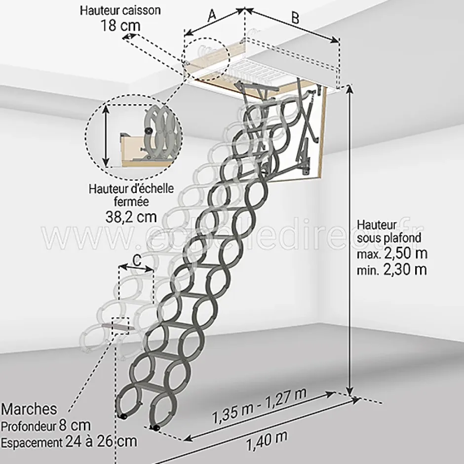 Echelle escamotable en métal - Trémie de 60 x 90cm - Hauteur de 2.30 à 2.50m - LST6090/250-Matisere