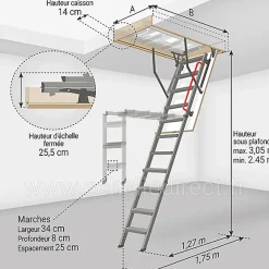 Matisere Echelle escamotable en métal - Trémie de 60 x 130cm - Hauteur de 2.45 à 3.05m - LMK60130-3