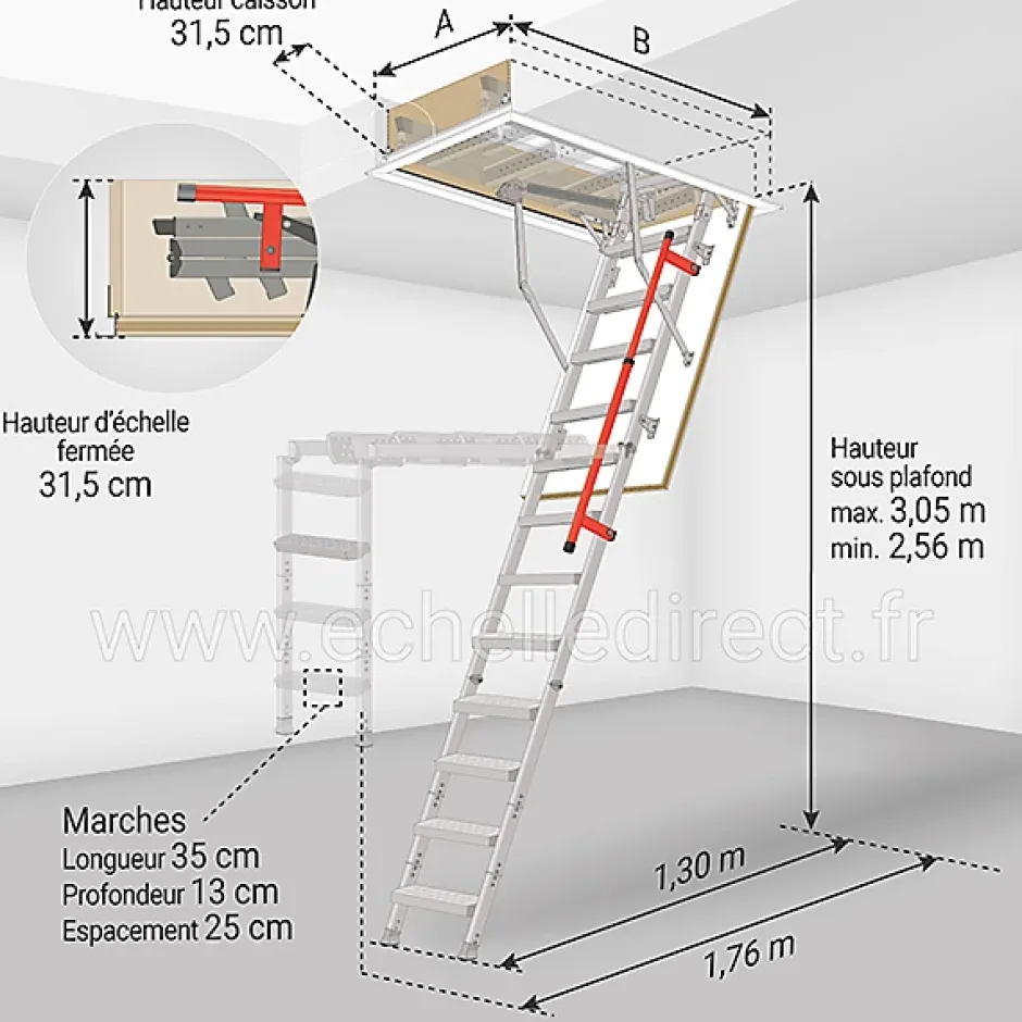 Echelle escamotable en métal - Trémie de 60 x 130cm - Hauteur de 2.56 à 3.05m - LML60130-3-Matisere Hot