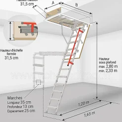 Matisere Echelle escamotable en métal - Trémie de 83 x 130cm - Hauteur de 2.33 à 2.80m - LML86130-2