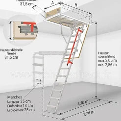 Matisere Echelle escamotable en métal - Trémie de 70 x 140cm - Hauteur de 2.56 à 3.05m - LML70140-3