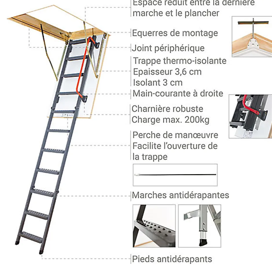 Echelle escamotable en métal - Trémie de 57 x 113cm - Hauteur de 2.20 à 2.80m - LMK55111-2-Matisere New