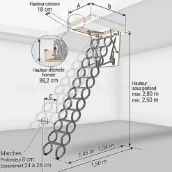 Echelle escamotable en métal - Trémie de 60 x 90cm - Hauteur de 2.50 à 2.80m - LST6090-280-Matisere Discount