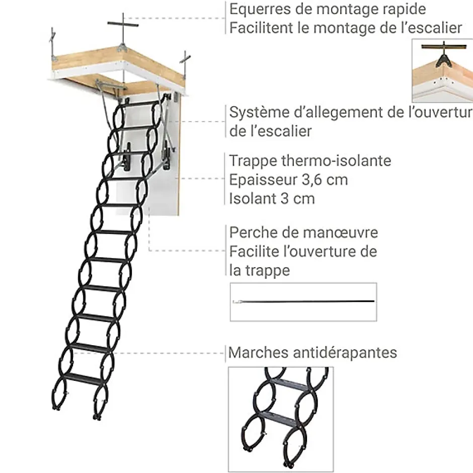 Matisere Echelle escamotable en métal - Trémie de 51 x 80cm - Hauteur de 2.30 à 2.50m - LST5180/250