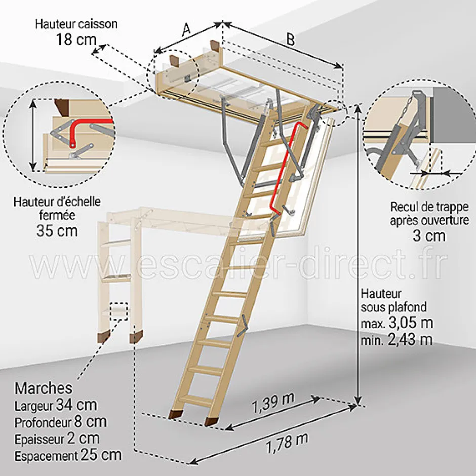 Matisere Echelle escamotable isolante - Haut. sous plafond 3.05m et long. trémie 1.30 à 1.40m - LTK70140-3