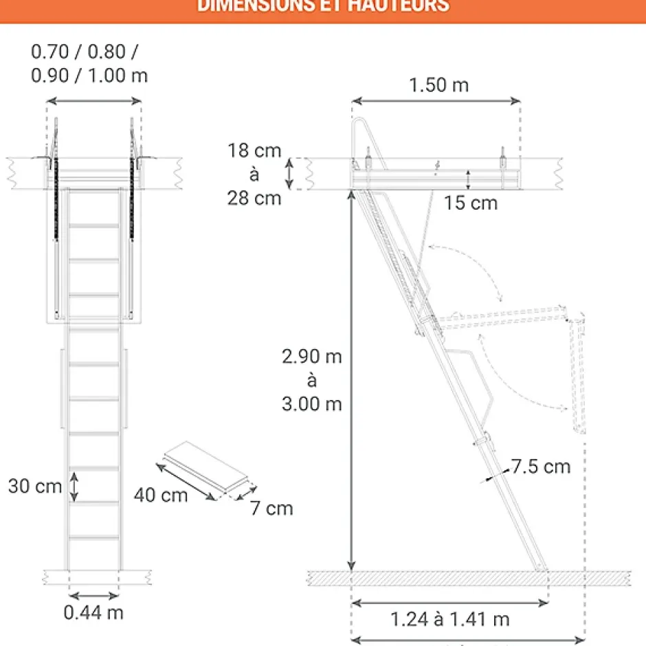 Echelle Escamotable Métal - Trappe 80x150cm - Hauteur 2.90 à 3.00m - ACI-TRE300/150-80-Matisere Discount