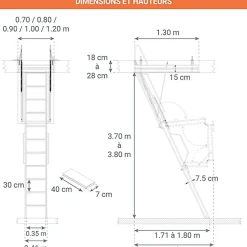 Echelle Escamotable Métal - Trappe 70x130cm - Hauteur 3.70 à 3.80m - ACI-QUA380/130-70-Matisere Discount