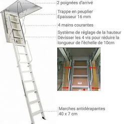 Echelle Escamotable Métal - Trappe 70x130cm - Hauteur 3.70 à 3.80m - ACI-QUA380/130-70-Matisere Discount