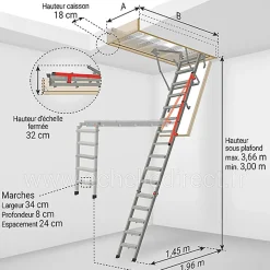Matisere Echelle Escamotable Métal - Trappe 86x144cm - Hauteur 3.00 à 3.66m - LMP86144-3