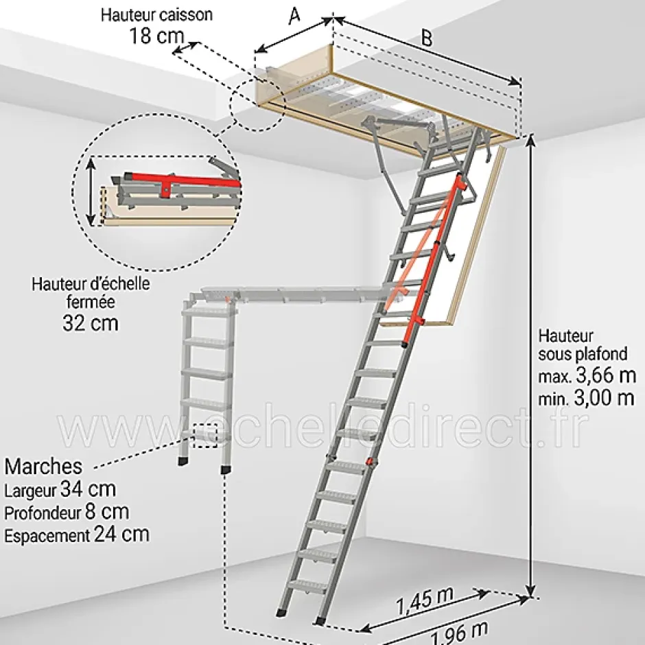 Matisere Echelle Escamotable Métal - Trappe 60x144cm - Hauteur 3.00 à 3.66m - LMP60144-3