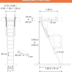 Echelle Escamotable Métal - Trappe 80x140cm - Hauteur 3.90 à 4.00m - ACI-QUA400/140-80-Matisere Online