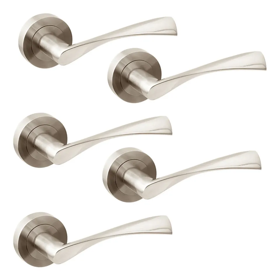 Lot de 5 poignées twist pour portes intérieures, avec rosace D.50mm, Aluminium, Nickel satiné-Emuca