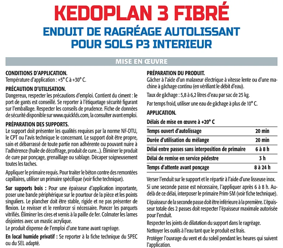 Enduit de Ragréage Autolissant Kedoplan Fibré , Sol Intérieur, sac de 25 kg (lot de 3)-Semin Clearance