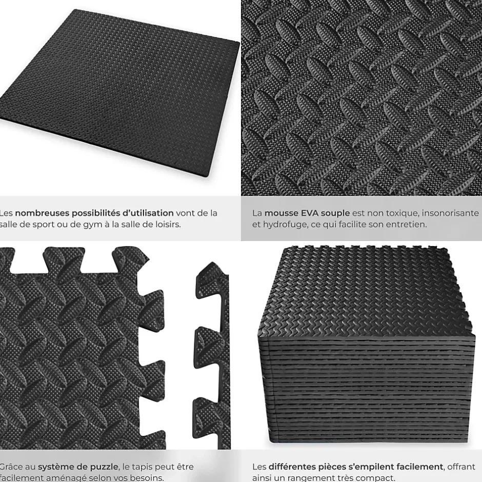 Ensemble de 24 Dalles Carrées Tapis de sol Sport 24 pièces avec 48 bordures noir-Tectake Best