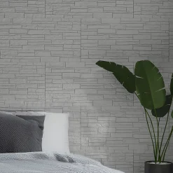 Divina Home Ensemble de 12 panneaux décoratifs effet brique et pierre 3D, revêtement mural PU 8,6 m² (120x60x2,5 cm), quartzite blanc