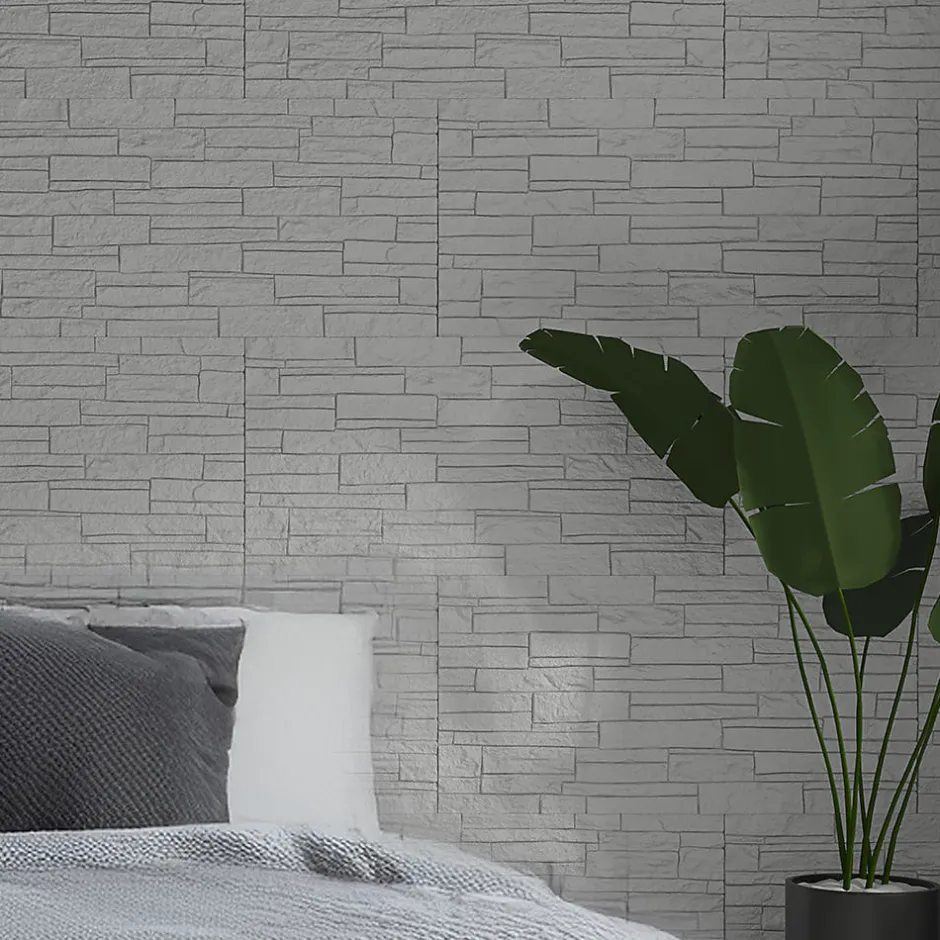 Divina Home Ensemble de 12 panneaux décoratifs effet brique et pierre 3D, revêtement mural PU 8,6 m² (120x60x2,5 cm), quartzite blanc