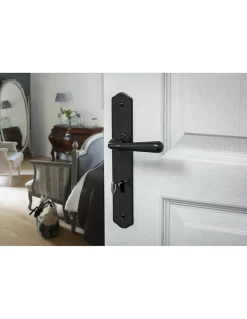 Ensemble de poignées pour porte de chambre Charon trou de clé, carré 7mm, entr'axes 195mm, acier patiné --Thirard Sale