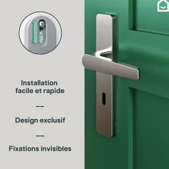 GoodHome Ensemble poignée sur plaque rectangulaire serrure Kerver effet nickel satin gris L.128mm x l.42mm entraxe 165-195mm