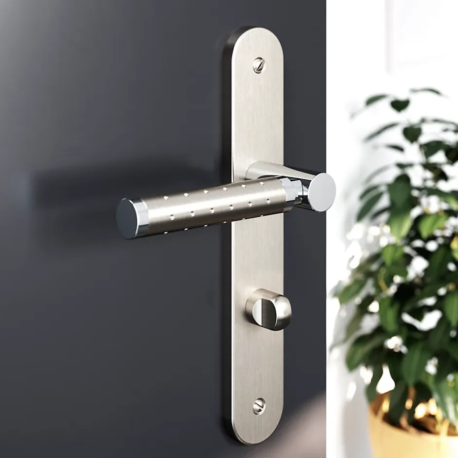 GoodHome Ensemble poignée sur plaque rond à condamnation Brigg effet chrome et nickel satin gris L.132mm x l.40mm entraxe 195mm