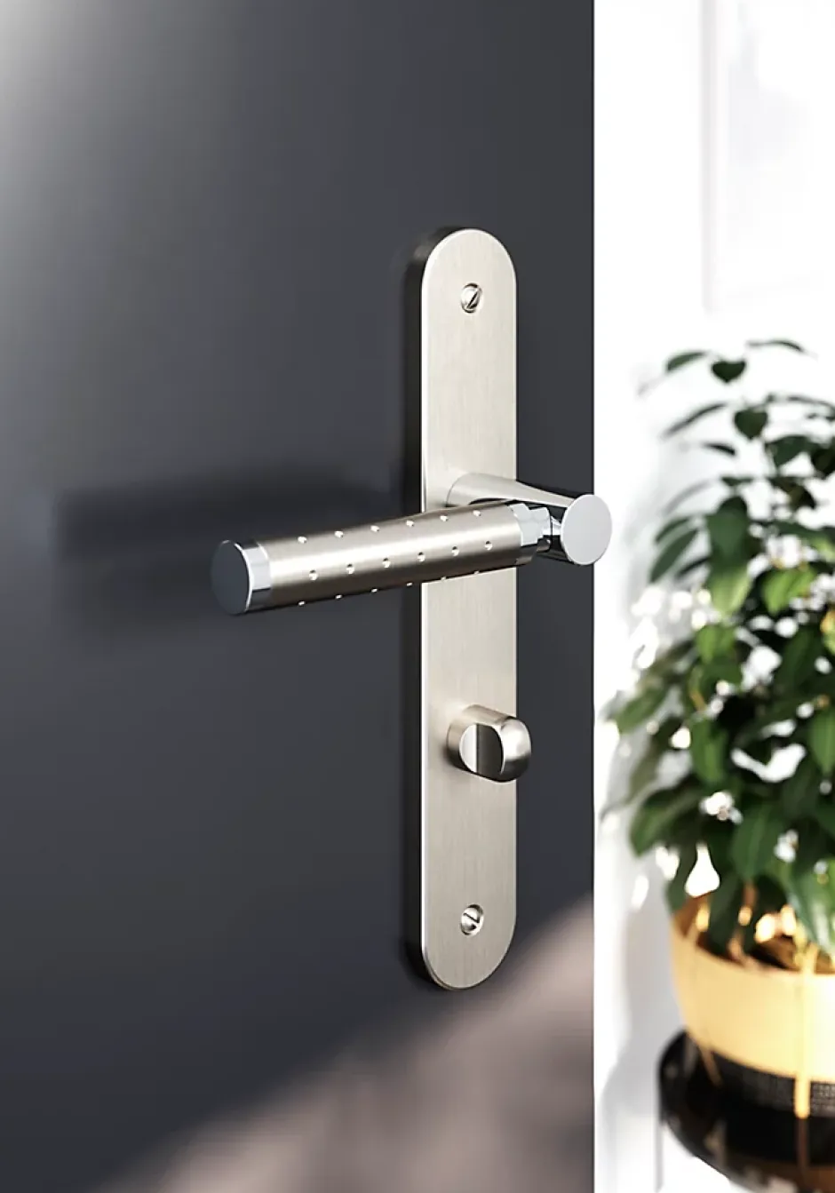 GoodHome Ensemble poignée sur plaque rond à condamnation Brigg effet chrome et nickel satin gris L.132mm x l.40mm entraxe 195mm