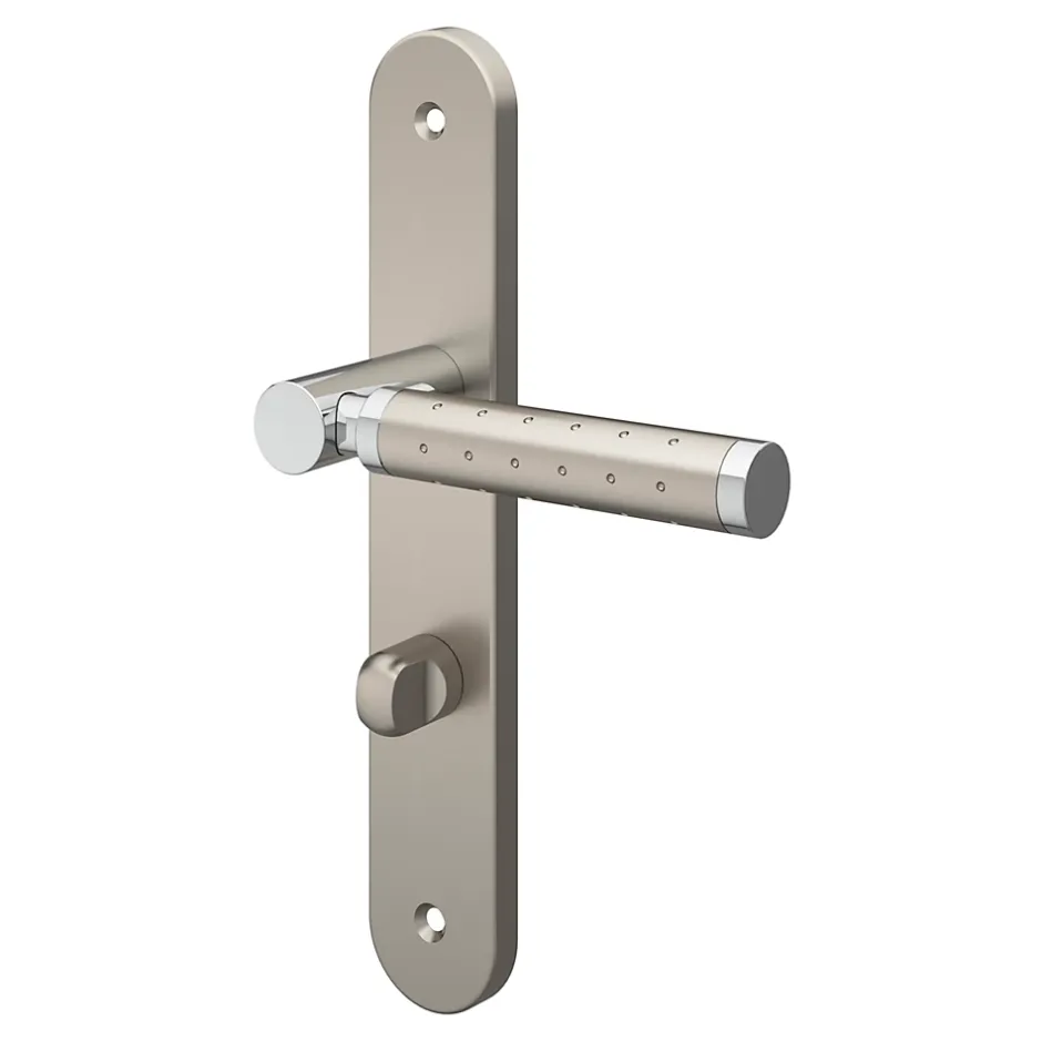 GoodHome Ensemble poignée sur plaque rond à condamnation Brigg effet chrome et nickel satin gris L.132mm x l.40mm entraxe 195mm