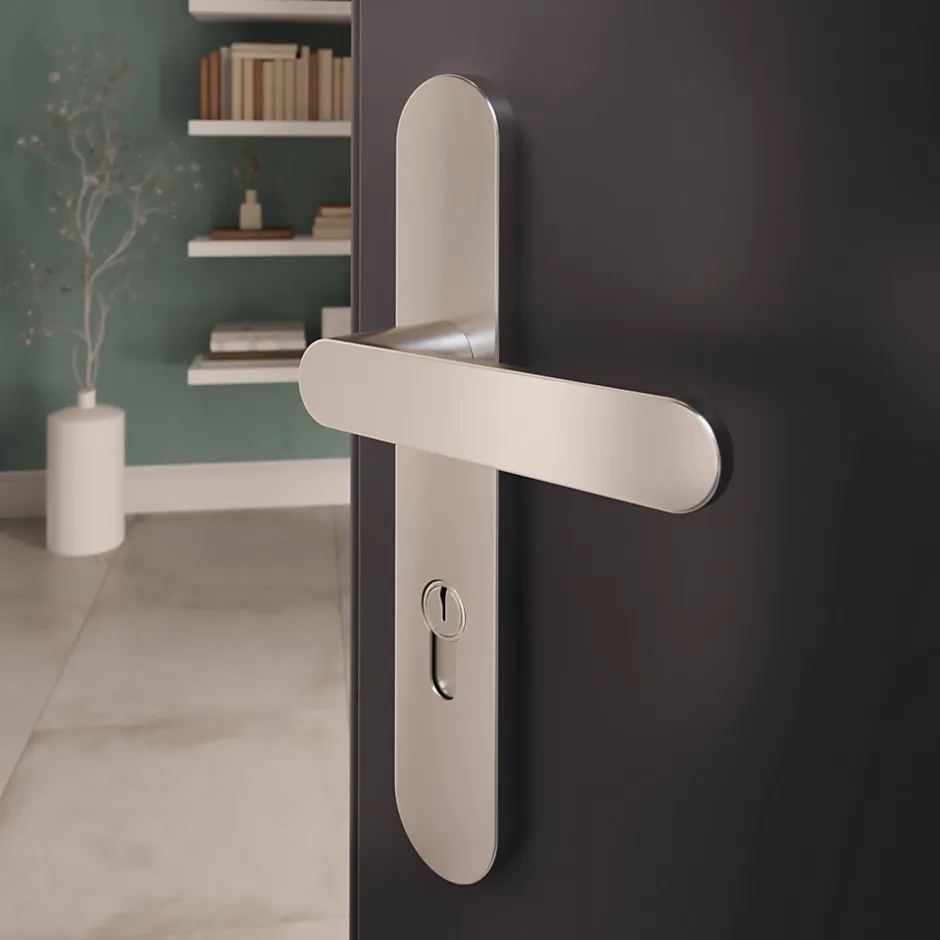 GoodHome Ensemble poignée sur plaque rond Minzh effet nickel satin gris L.120mm x l.40mm entraxe 195mm