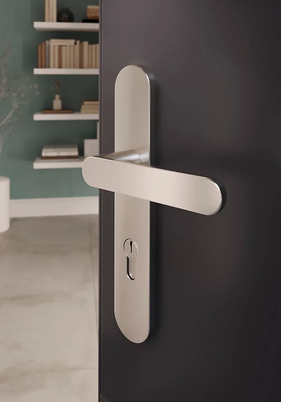 GoodHome Ensemble poignée sur plaque rond Minzh effet nickel satin gris L.120mm x l.40mm entraxe 195mm