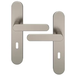 GoodHome Ensemble poignée sur plaque rond serrure Minzh effet nickel satin gris L.120mm x l.42mm entraxe 165-195mm