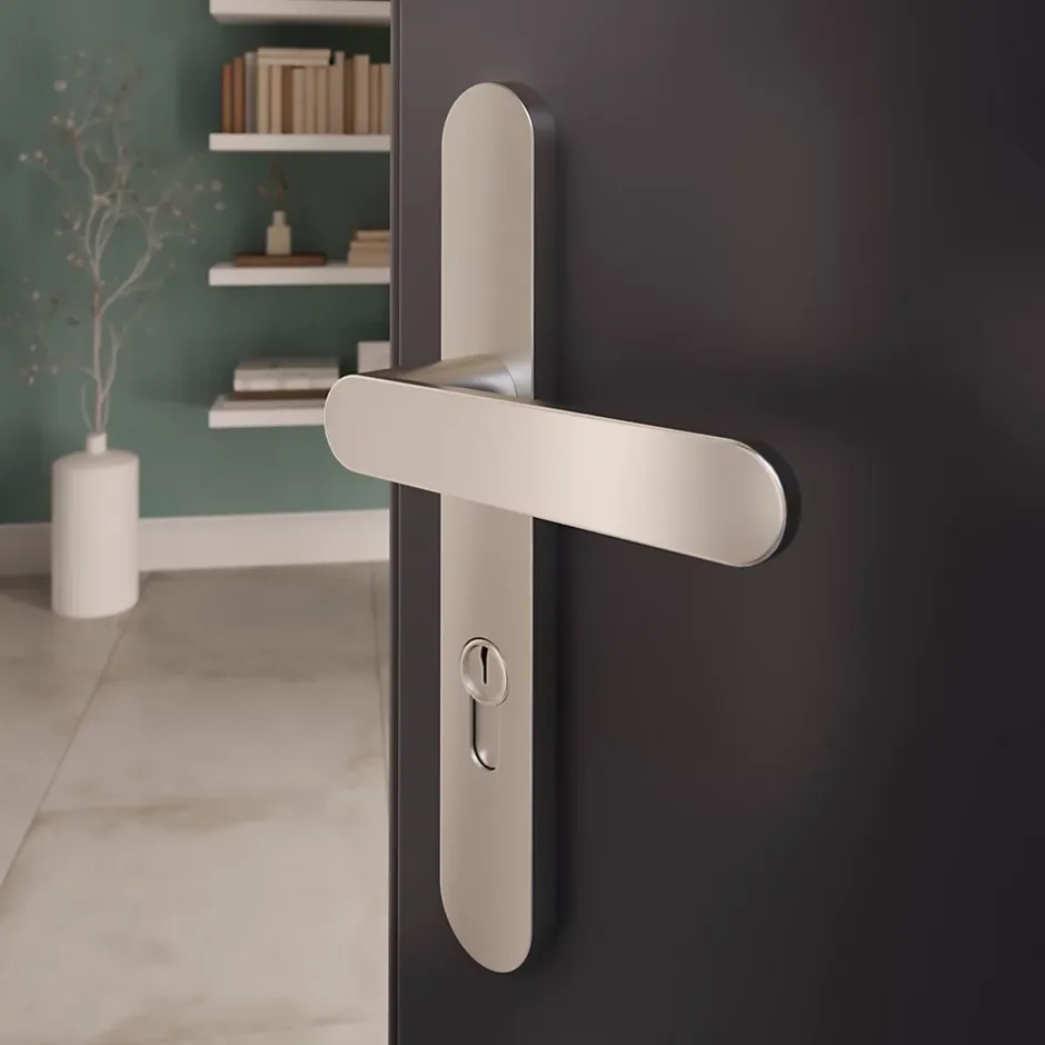 GoodHome Ensemble poignée sur plaque rond Minzh effet nickel satin gris L.120mm x l.33mm entraxe 195mm