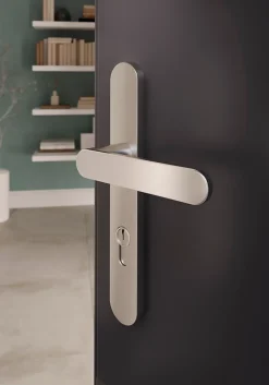 GoodHome Ensemble poignée sur plaque rond Minzh effet nickel satin gris L.120mm x l.33mm entraxe 195mm