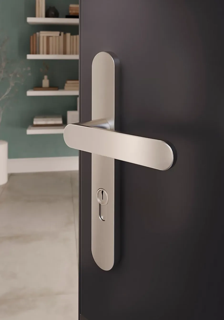 GoodHome Ensemble poignée sur plaque rond Minzh effet nickel satin gris L.120mm x l.33mm entraxe 195mm