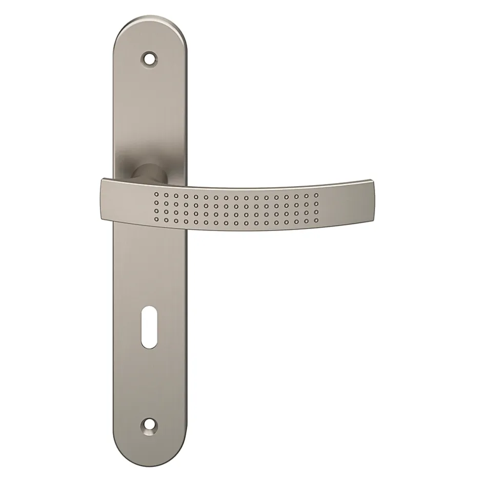 Ensemble poignée sur plaque rond serrure Diss effet nickel satin gris L.139mm x l.40mm entraxe 195mm-GoodHome Hot