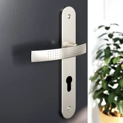 Ensemble poignée sur plaque rondcylindre Diss effet nickel satin gris L.139mm x l.40mm entraxe 195mm-GoodHome Outlet