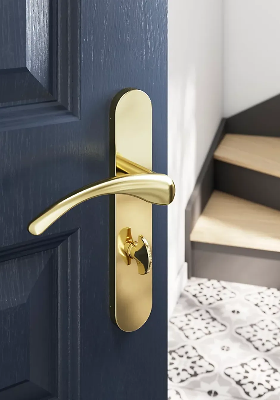 GoodHome Ensemble poignée sur plaque rond à condamnation Ruis effet laiton doré L.138.5mm x l.42mm entraxe 165-195mm